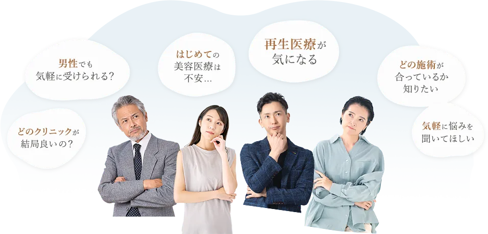 どのクリニックが結局良いの？男性でも気軽に受けられる？はじめての美容医療は不安...、再生医療が気になる、どの施術が合っているか知りたい、気軽に悩みを聞いてほしい