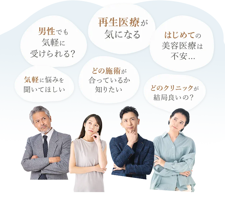 どのクリニックが結局良いの？男性でも気軽に受けられる？はじめての美容医療は不安...、再生医療が気になる、どの施術が合っているか知りたい、気軽に悩みを聞いてほしい